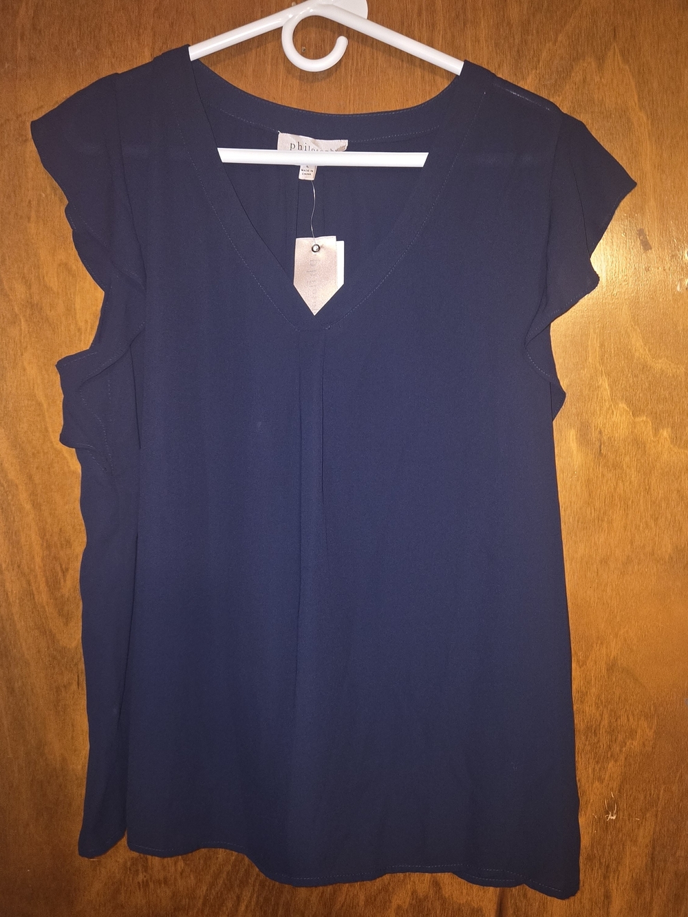 Philosophy Navy Blue Ruffle Sleeve V-Neck Chiffon Blouse Top Size L - NWT